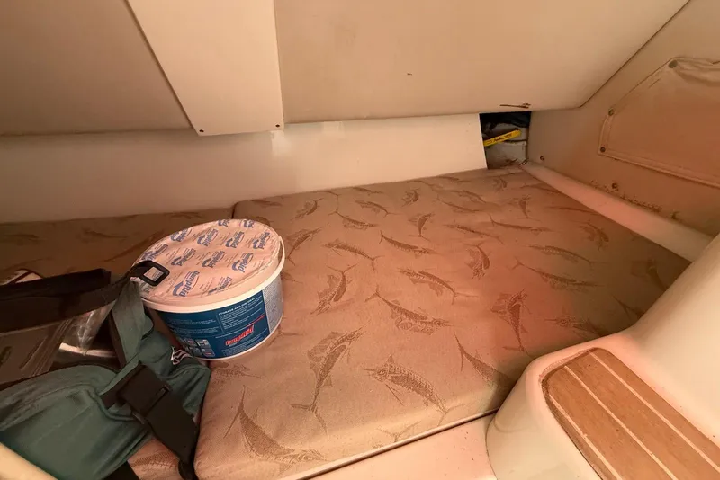 Slide: The Image of 2003 Hydra-Sports Vector 2800 WA cabin interior with patterned cushions and storage items. - 20