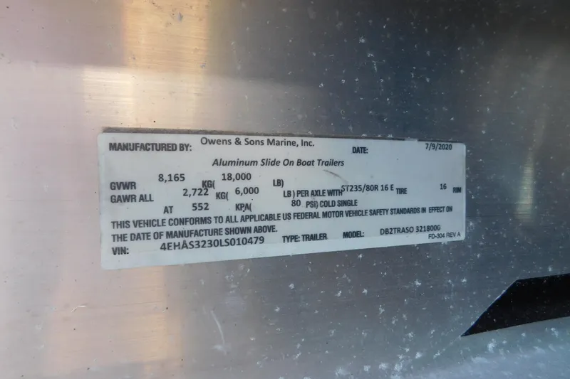 Slide: The Image of Label on aluminum boat trailer by Owens & Sons Marine, dated 7/9/2020. - 4