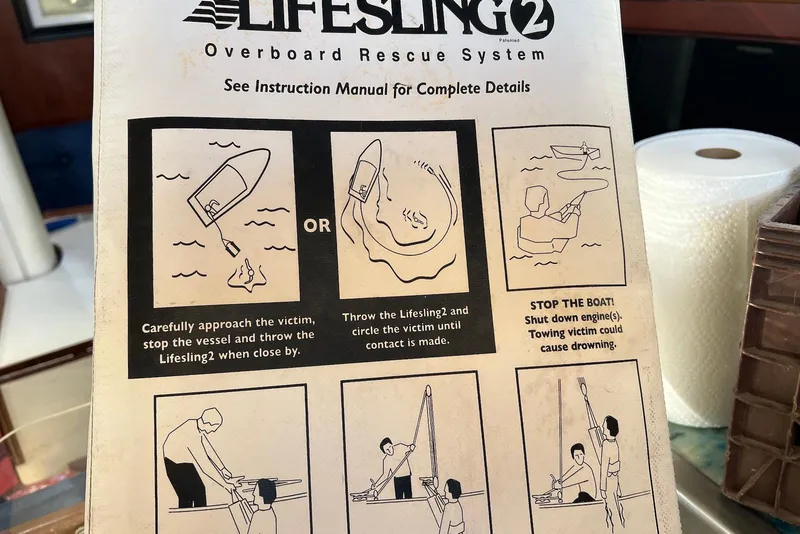 Slide: The Image of Lifesling2 overboard rescue instructions on a Catalina 34 mkI, 1988 model. - 46