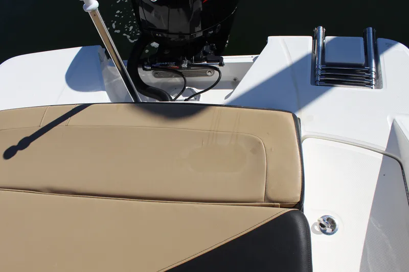 Slide: The Image of 2023 Sea Ray SPX 210 boat stern with tan seating and outboard motor. - 28