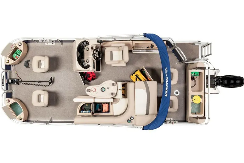 Slide: The Image of 2016 Sun Tracker Fishin' Barge 22 DLX pontoon boat, top view, spacious seating, fishing amenities. - 5