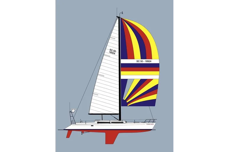 Slide: The Image of Illustration of a 1982 Santa Cruz 50 sailboat with colorful sails on a blue background. - 19
