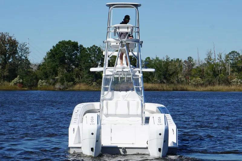 Slide: The Image of Custom HHH 35LX Catamaran 2020 on water, rear view with dual engines. - 4