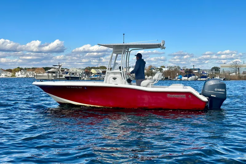 The Image of 2013 Tidewater 210 LXF boat with red hull on water, clear sky background. - 1