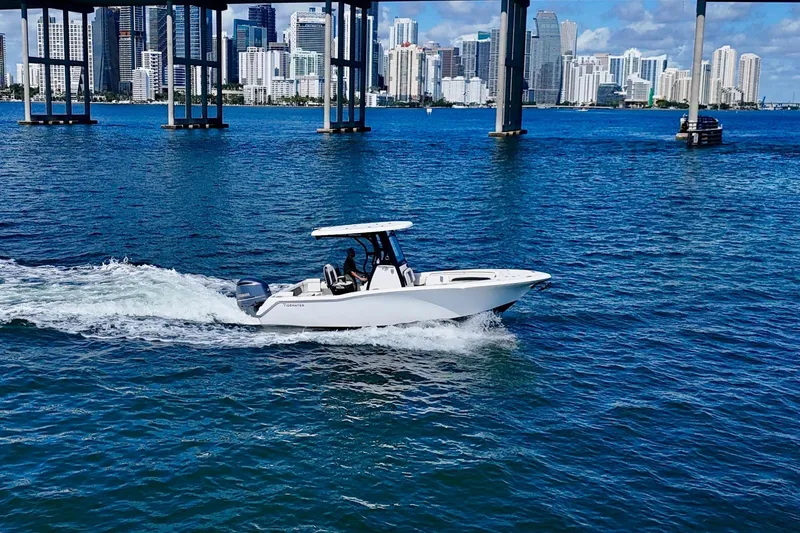 Slide: The Image of 2023 Tidewater 232 LXF boat cruising under bridge with city skyline backdrop. - 4