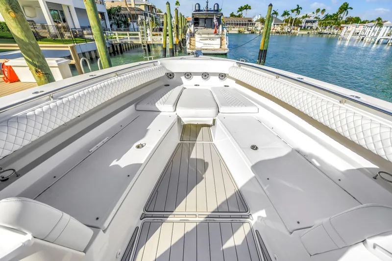 Slide: The Image of Luxurious 2023 HCB 53 Suenos RXV boat interior with spacious seating and elegant design. - 101