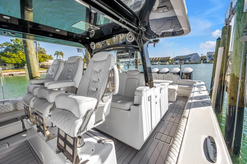 Slide: The Image of Luxurious 2023 HCB 53 Suenos RXV boat interior with plush seating and sleek design. - 62