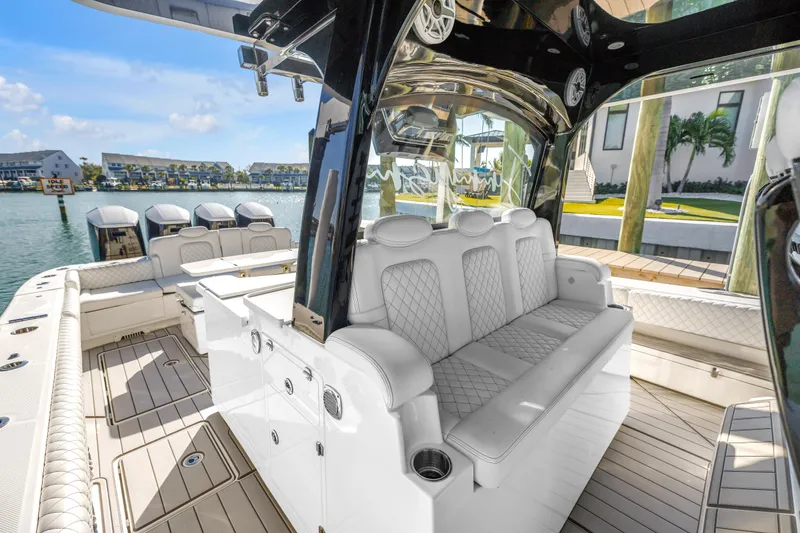 Slide: The Image of 2023 HCB 53 Suenos RXV luxury boat interior with plush seating and sleek design. - 69