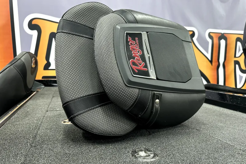 Slide: The Image of 2022 Ranger Z521L boat seat with logo, featuring black and gray design. - 6