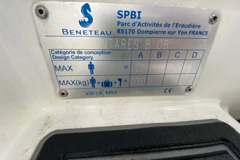 Slide: The Image of Beneteau Antares 8, 2022 model, design category plate with specifications and capacity details. - 46