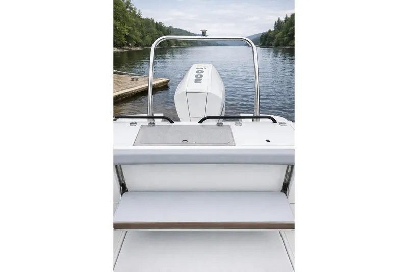 Slide: The Image of 2024 Beneteau Flyer 8 SPACEdeck V2 boat on calm lake with lush greenery. - 16