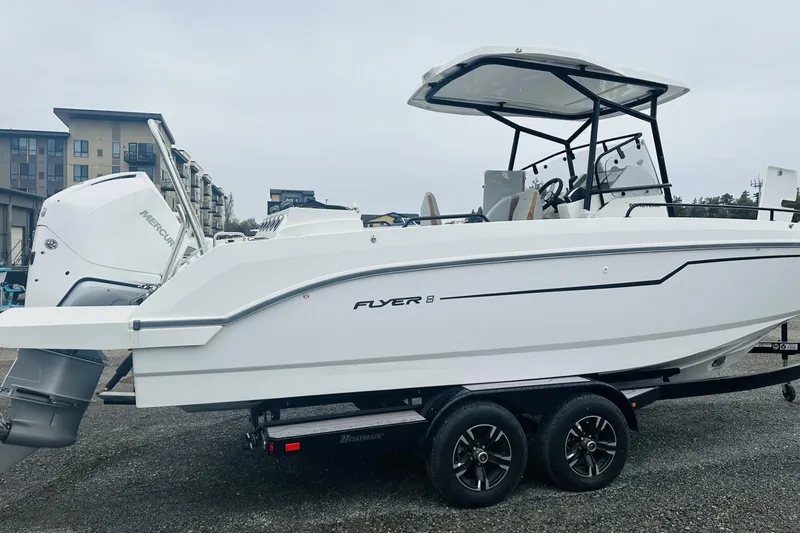 Slide: The Image of 2024 Beneteau Flyer 8 SPACEdeck V2 boat on trailer, side view. - 6