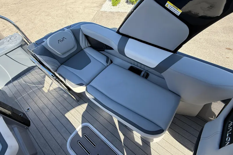 Slide: The Image of Luxurious seating on 2026 Avalon 2585 Excalibur boat, featuring sleek gray upholstery. - 21