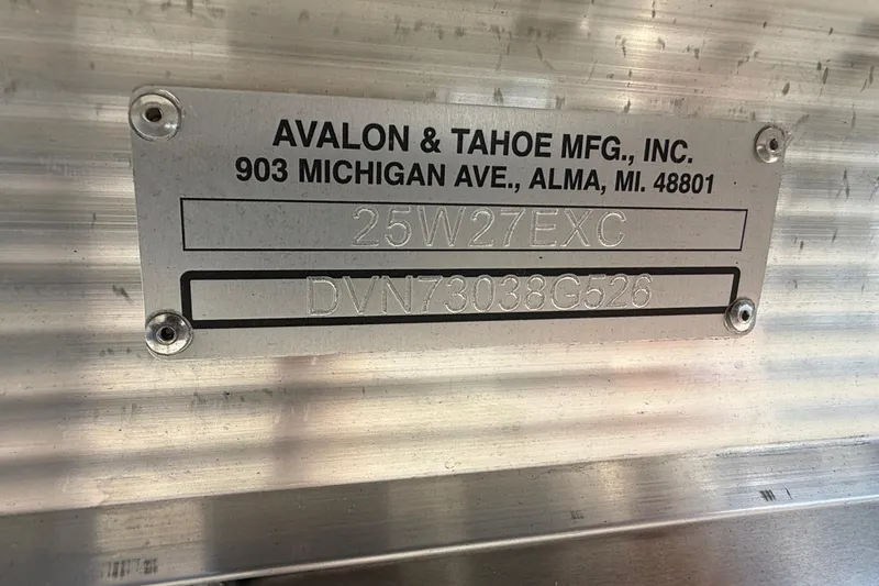 Slide: The Image of Metal identification plate for Avalon 2585 Excalibur, 2026 model, manufactured in Alma, Michigan. - 27
