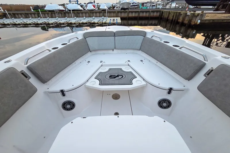 Slide: The Image of 2023 Sea Fox 268 Commander boat interior with cushioned seating and storage compartments. - 40
