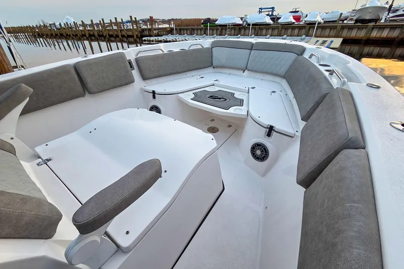 Slide: The Image of 2023 Sea Fox 268 Commander boat interior with cushioned seating and storage compartments. - 41