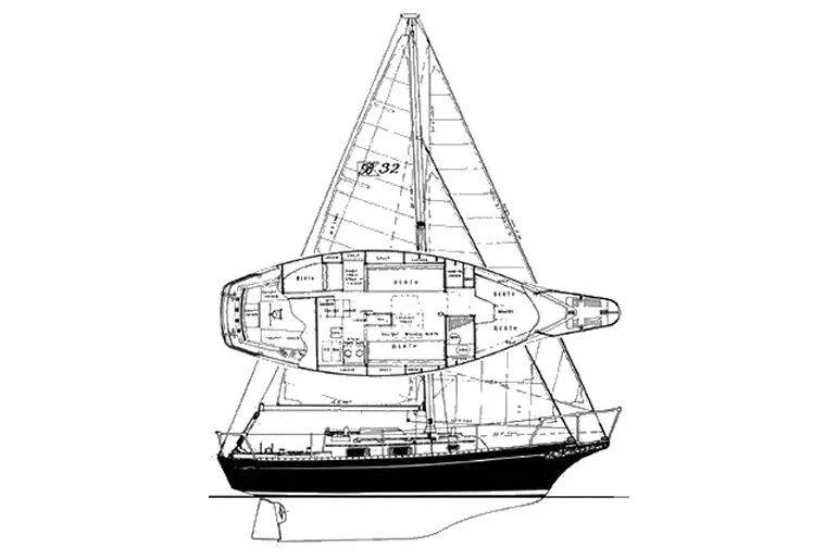 Slide: The Image of Blueprint of 1988 Bayfield 32C sailboat, showcasing interior layout and sail design. - 50