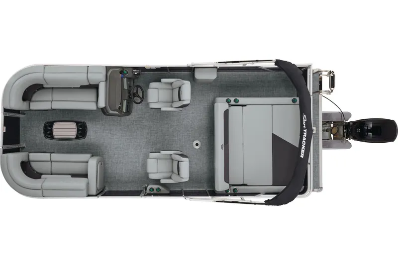 Slide: The Image of 2026 Sun Tracker Party Barge 22 RF DLX interior with gray seating and modern helm. - 7