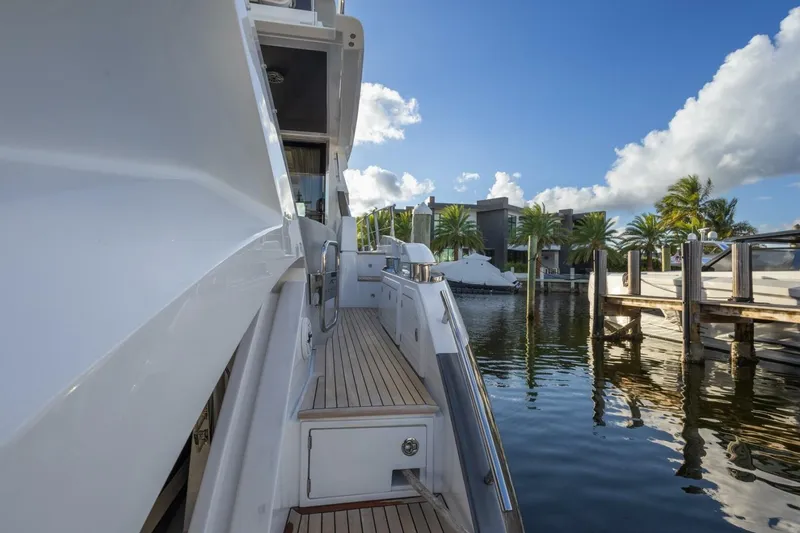 Slide: The Image of 2023 Azimut S6 Sport-Fly yacht docked, showcasing sleek design and luxurious waterfront setting. - 12