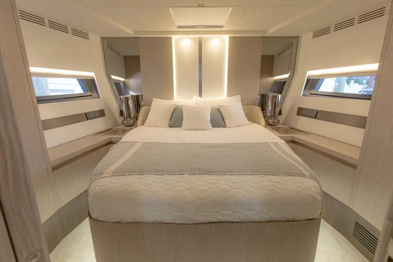 Slide: The Image of Luxurious bedroom interior of 2023 Azimut S6 Sport-Fly yacht with modern design and ambient lighting. - 26