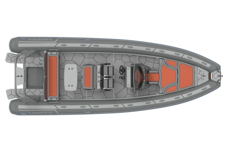 Slide: The Image of 2026 Highfield Sport 760 boat, top view, gray and orange design, modern layout. - 6