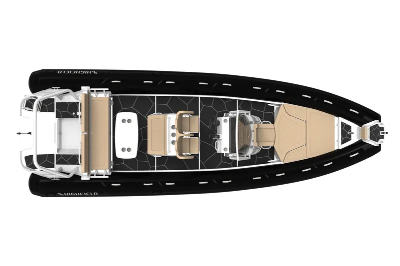 Slide: The Image of 2026 Highfield Sport 760 boat, top view, black and beige design, spacious seating arrangement. - 7