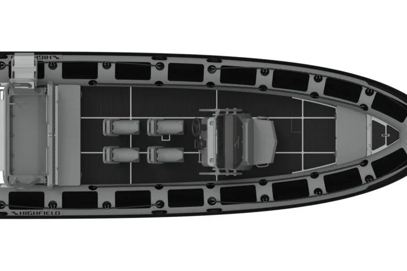 Slide: The Image of Rear view of 2025 Highfield Patrol 760 boat with ladder and motor details. - 6