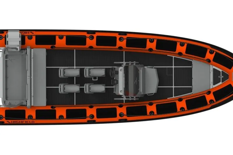 Slide: The Image of 2025 Highfield Patrol 760 boat with modern console and seating, displayed outdoors. - 7