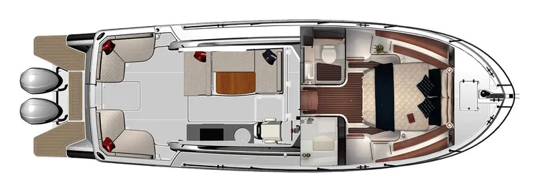 Slide: The Image of Top view layout of a 2026 Back Cove 340 boat interior with twin engines. - 26