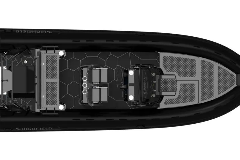 Slide: The Image of Top view of 2026 Highfield Sport 660 boat with beige and black design. - 9