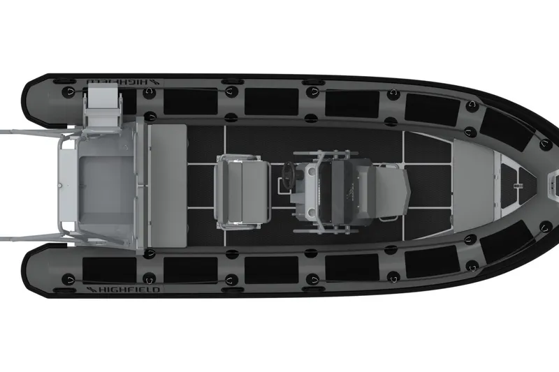 Slide: The Image of 2026 Highfield Patrol 660 boat with seating and console, parked outdoors under a blue sky. - 6