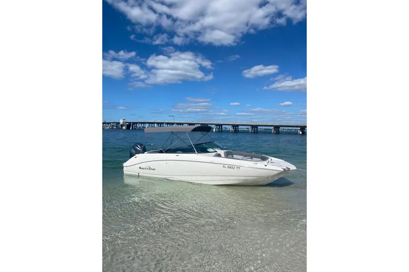 The Image of 2023 NauticStar 243 DC boat on clear water near a bridge under a blue sky. - 0