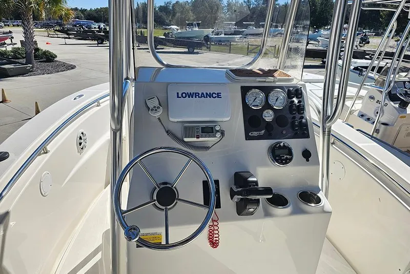 Slide: The Image of 2019 Bulls Bay 200 CC boat console with steering wheel and Lowrance electronics. - 10
