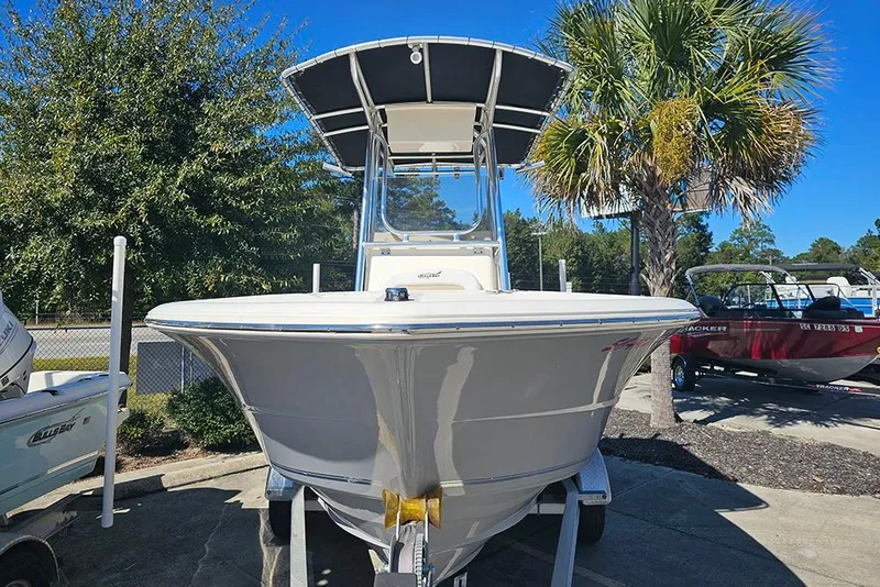 Slide: The Image of 2019 Bulls Bay 200 CC boat on trailer, parked near palm tree and other boats. - 4
