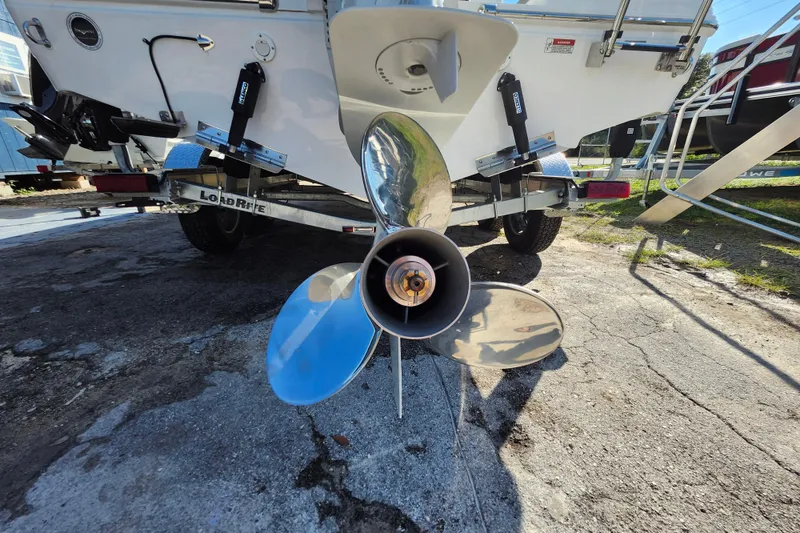 Slide: The Image of Propeller of a 2025 Savannah 2200 Offshore boat on a trailer, rear view. - 35