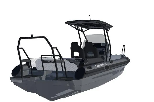 Slide: The Image of 2026 Highfield ADV7 boat, sleek design, black and gray color, rear view. - 10
