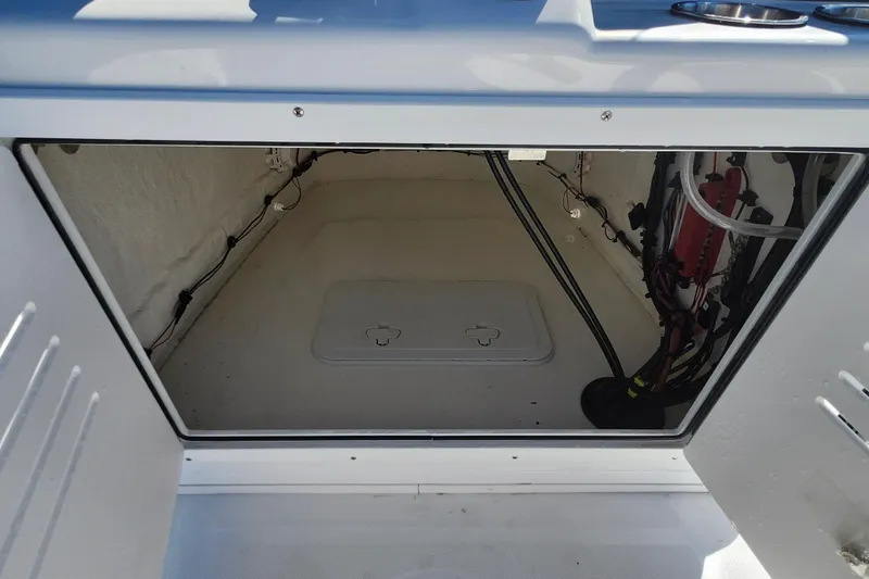 Slide: The Image of Open storage compartment in 2026 Savannah 210X boat, showing interior wiring and hatch. - 37