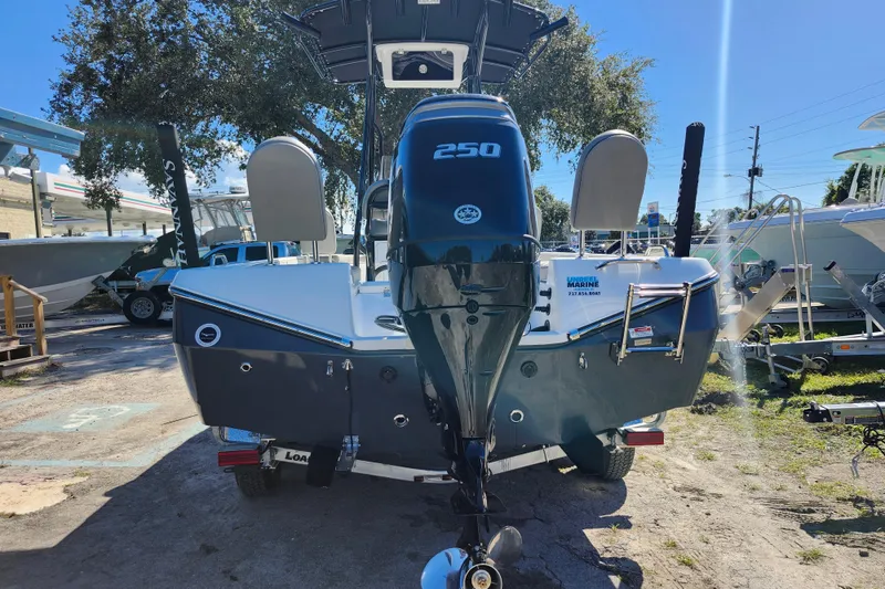 Slide: The Image of 2026 Savannah 210X boat with 250 horsepower engine, parked outdoors under clear sky. - 4