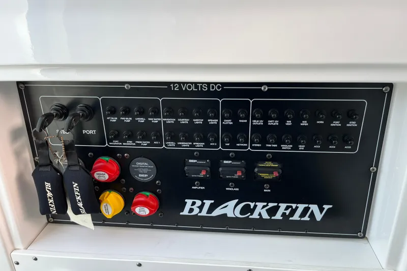 Slide: The Image of Control panel of 2019 Blackfin 272 CC boat with labeled switches and keys. - 45
