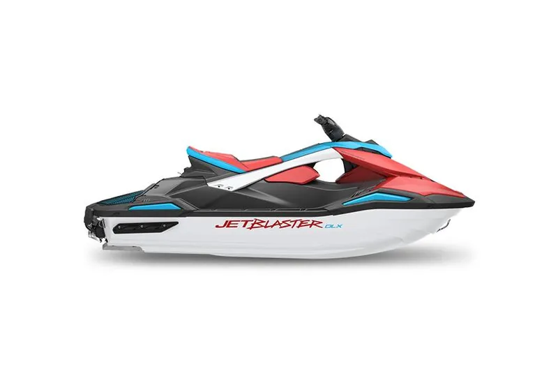 The Image of 2025 Yamaha WaveRunner JetBlaster DLX 2-Up in showroom, vibrant red and blue design. - 0