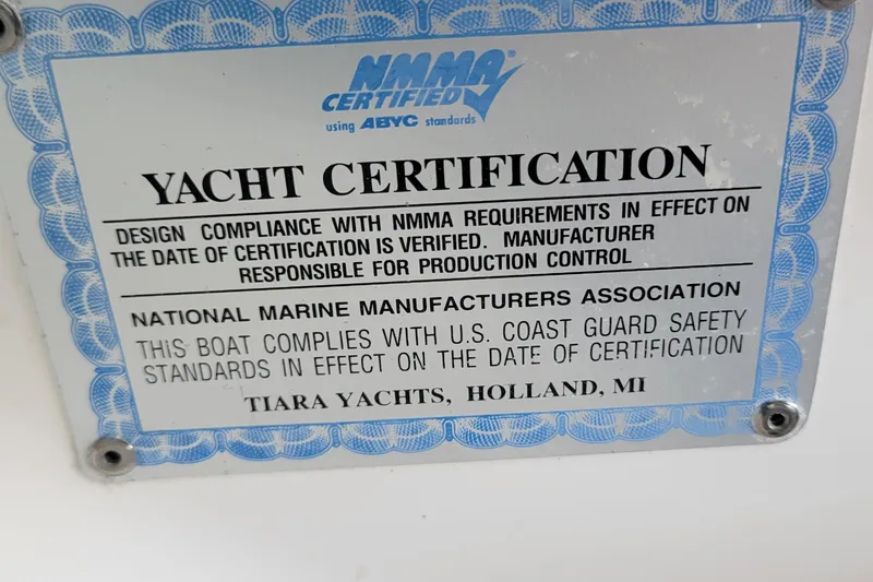 Slide: The Image of Yacht certification plaque for 2006 Tiara Yachts 2900 Open Classic, NMMA and USCG compliant. - 29