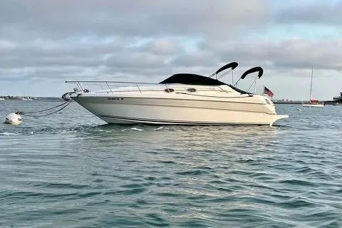 The Image of 2000 Sea Ray 270 Sundancer boat anchored on calm water with cloudy sky. - 1