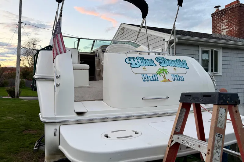 Slide: The Image of 2000 Sea Ray 270 Sundancer boat with custom name "Biba Dushi" docked near a house. - 8