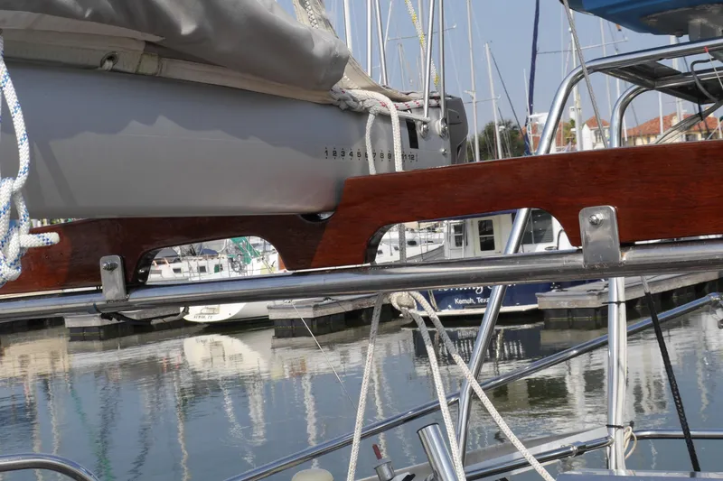 Slide: The Image of Close-up of 1976 Westsail 32 sailboat rigging and hardware. - 26