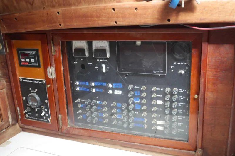 Slide: The Image of Close-up of rope clutches on a 1976 Westsail 32 sailboat deck. - 30