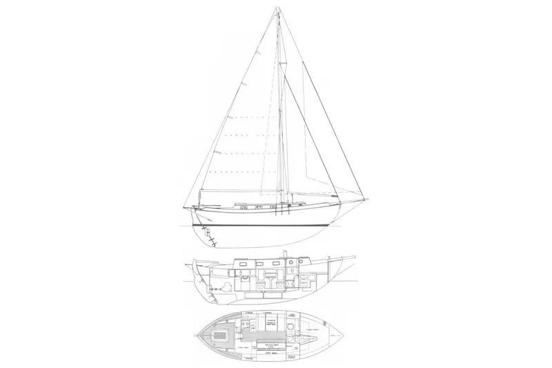 Slide: The Image of Blueprint of 1976 Westsail 32 sailboat, showcasing side and top views. - 64