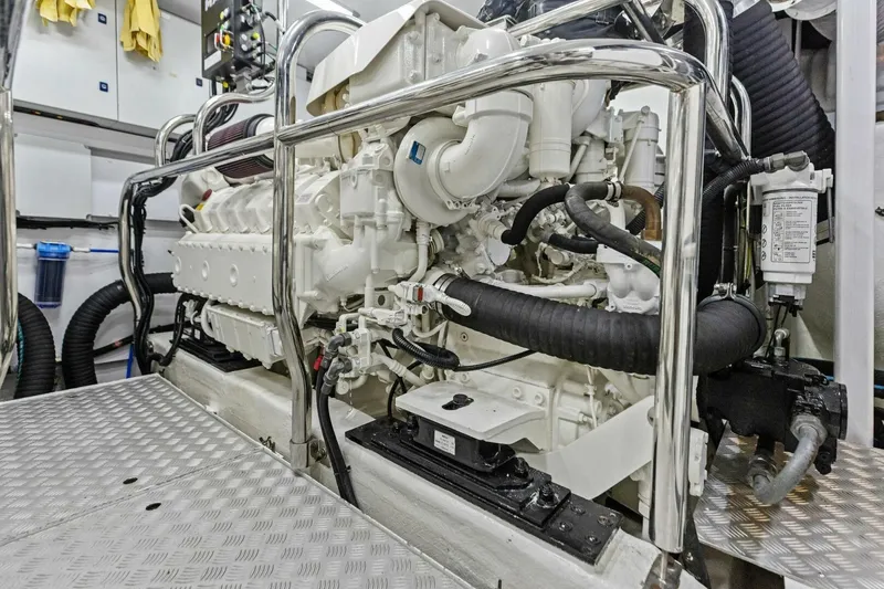 Slide: The Image of Engine room of 2018 Princess Y75 yacht, showcasing detailed machinery and components. - 62