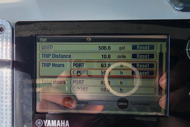 Slide: The Image of Yamaha display showing trip data on a 2012 Hydra-Sports 4200 SF boat. - 59