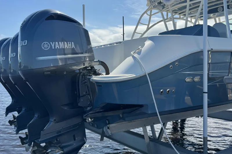 Slide: The Image of 2012 Hydra-Sports 4200 Siesta with Yamaha outboard engines on a lift. - 6