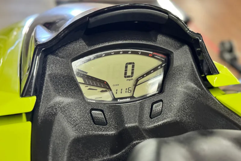 Slide: The Image of Close-up of 2021 Kawasaki Jetski Ultra 310X dashboard displaying speedometer and controls. - 8